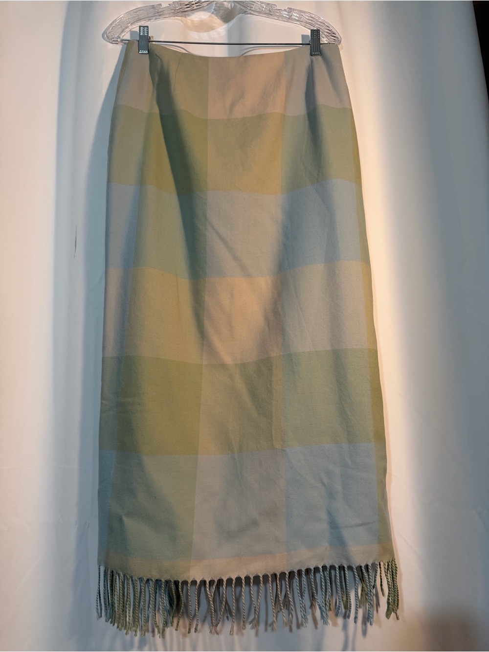 Light Mint Green Tiffany Blue Plaid Fringe Midi Lined Skirt 100% Wool SZ 12